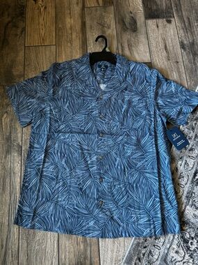 George Blue Palm-Print Short-Sleeve Dress Shirt